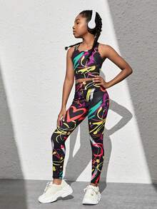 SHEIN 女孩圖案印花背心上衣和緊身打底褲 - 彩色 - 查看 2