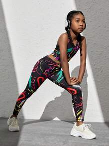 SHEIN 女孩圖案印花背心上衣和緊身打底褲 - 彩色 - 查看 3