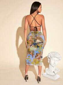 SHEIN SXY Đầm Lộ Lưng Hội Chữ thập Cắt ra Buộc lại Tương phản ràng buộc Nếp gấp Phần Ngực Con số Hoa Gợi cảm - Nhiều màu - Xem 3