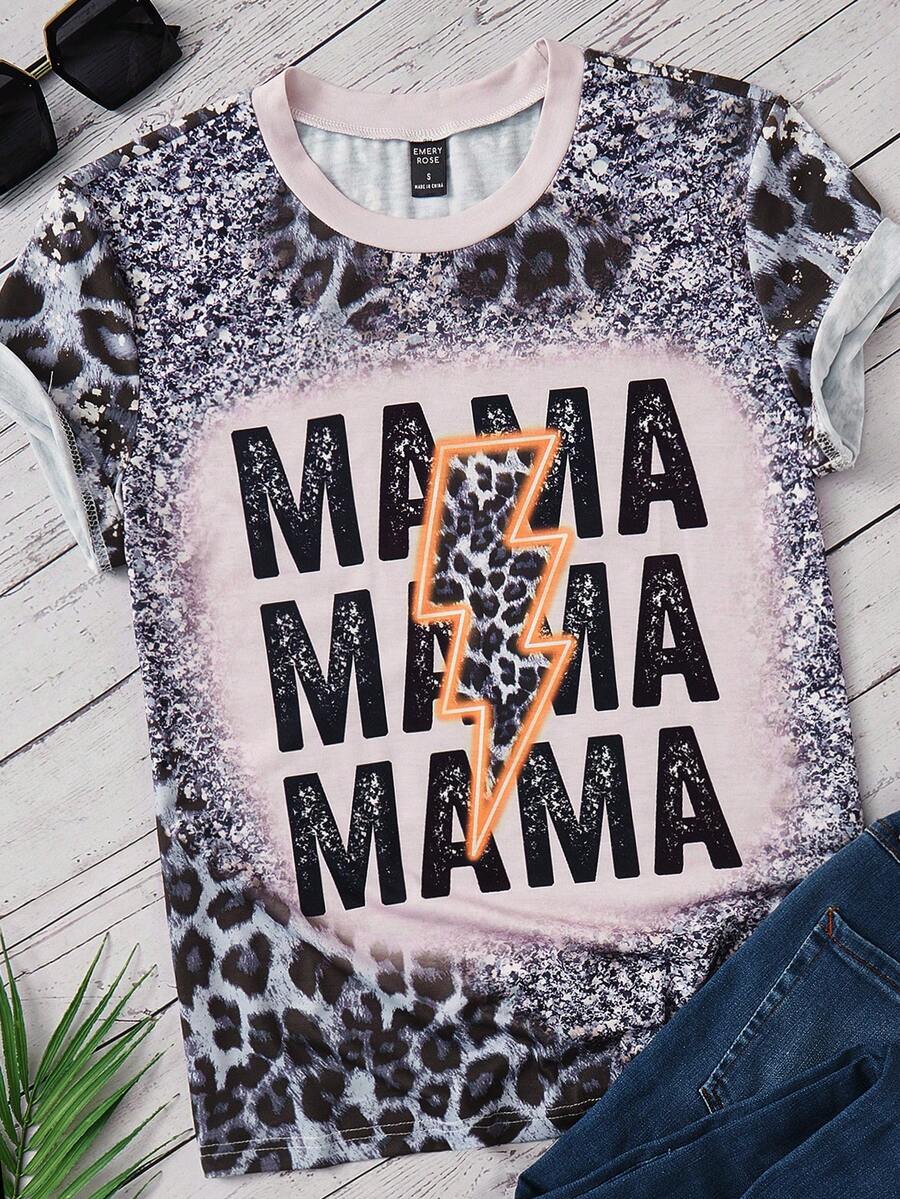 SHEIN LUNE 豹紋和字母圖案T恤 - 彩色 - 查看 1