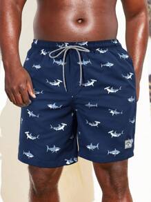 Manfinity Swimmode Men Shark Print Drawstring Waist Swim Trunks - Navy Blue - View 1