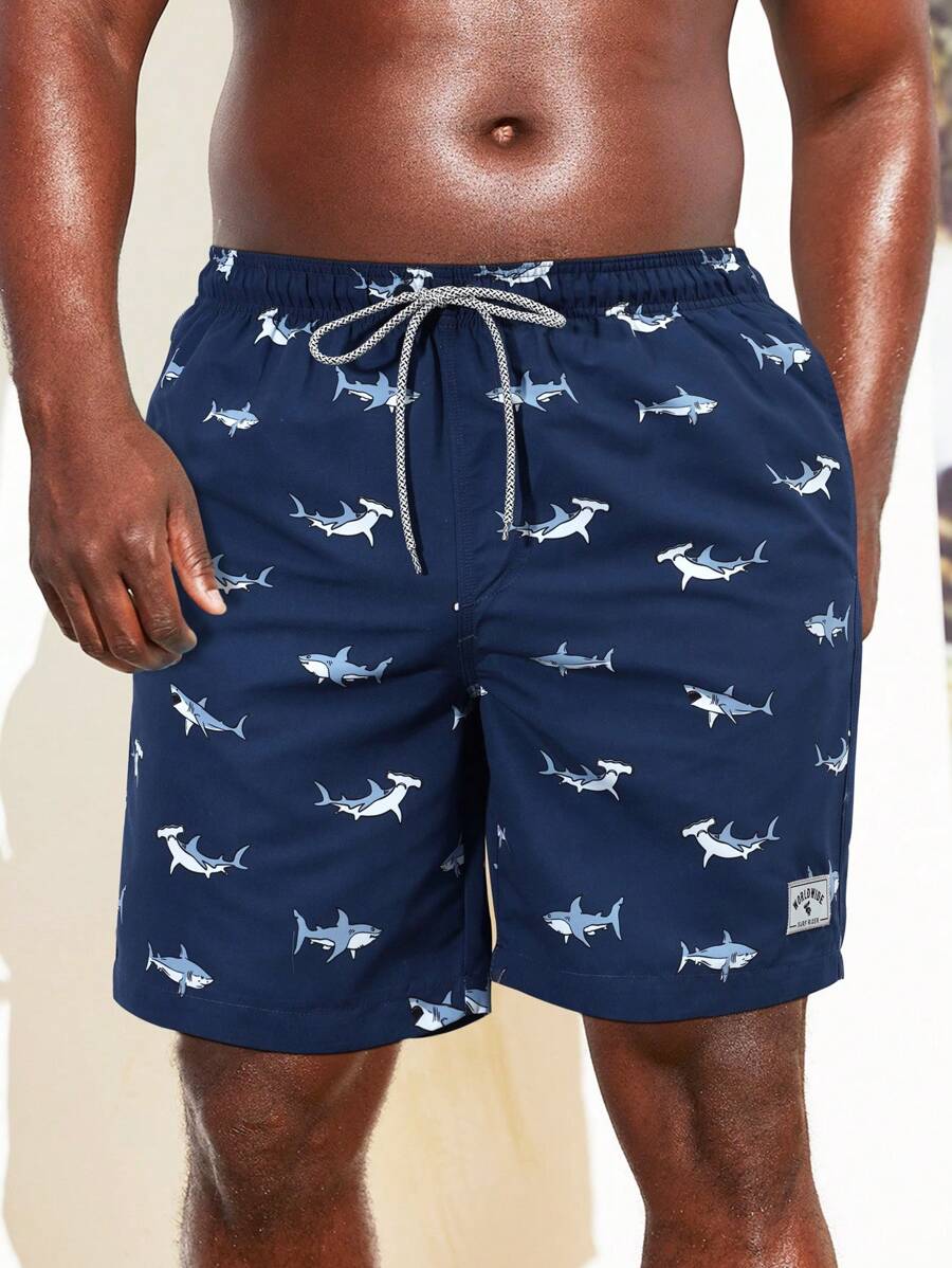 Manfinity Swimmode Men Shark Print Drawstring Waist Swim Trunks - Navy Blue - View 1