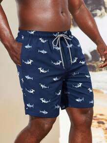 Manfinity Swimmode Men Shark Print Drawstring Waist Swim Trunks - Navy Blue - View 3