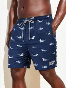 Manfinity Swimmode Men Shark Print Drawstring Waist Swim Trunks - Navy Blue - View 4