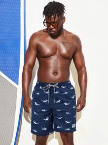 Manfinity Swimmode Men Shark Print Drawstring Waist Swim Trunks - Navy Blue - View 5