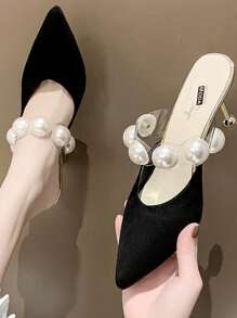 Women Faux Pearl Decor Heel Mules, Polyester Point Toe Elegant Pumps Black