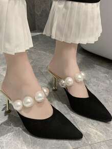 Women Faux Pearl Decor Heel Mules, Polyester Point Toe Elegant Pumps Black