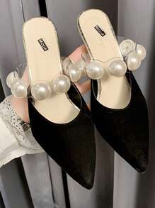 Women Faux Pearl Decor Heel Mules, Polyester Point Toe Elegant Pumps Black