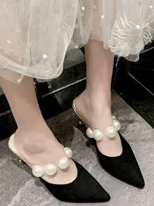 Women Faux Pearl Decor Heel Mules, Polyester Point Toe Elegant Pumps Black