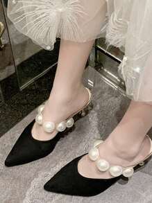 Women Faux Pearl Decor Heel Mules, Polyester Point Toe Elegant Pumps Black