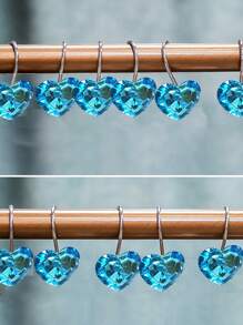 12pcs/set PMMA Shower Curtain Hook, Creative Heart Decor Multifunction Shower Curtain Ring For Bathroom - Teal Blue - View 1