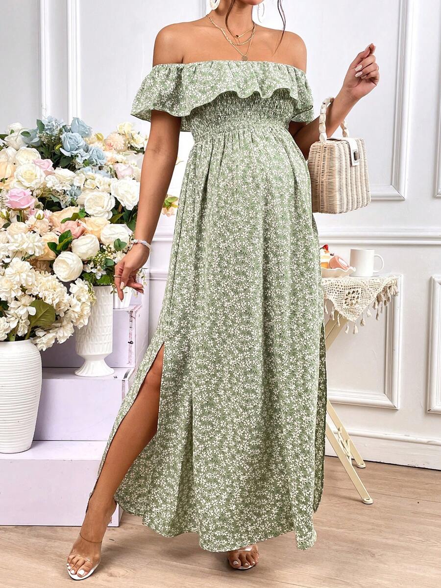 SHEIN 孕婦碎花一字肩荷葉邊高衩連衣裙 - 彩色 - 查看 1