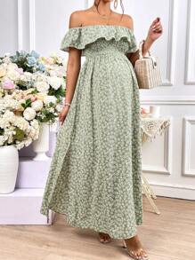 SHEIN 孕婦碎花一字肩荷葉邊高衩連衣裙 - 彩色 - 查看 7