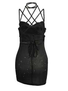 垂領吊帶連衣裙 - 黑色 - 查看 2