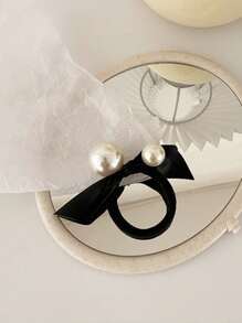 3入組女性蝴蝶結和人造珍珠裝飾時尚髮圈適用於頭髮裝飾用品 - 黑與白 - 查看 6