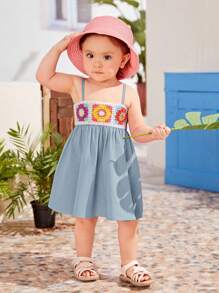 Bebé Vestido de tirantes floral ribete de croché - Neblina azul - Ver 1