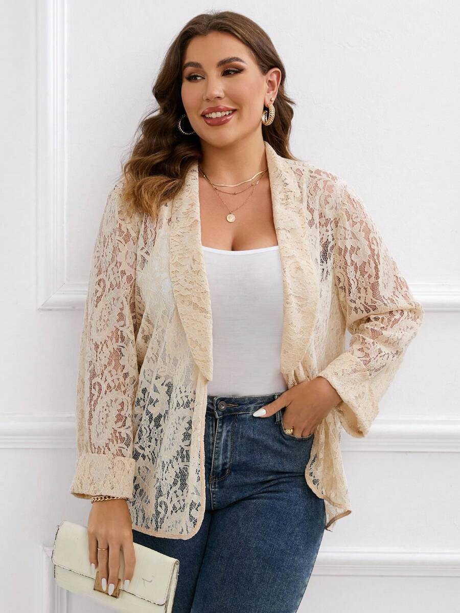 SHEIN Clasi 大碼青果領開門襟蕾絲外套 - 杏色 - 查看 1