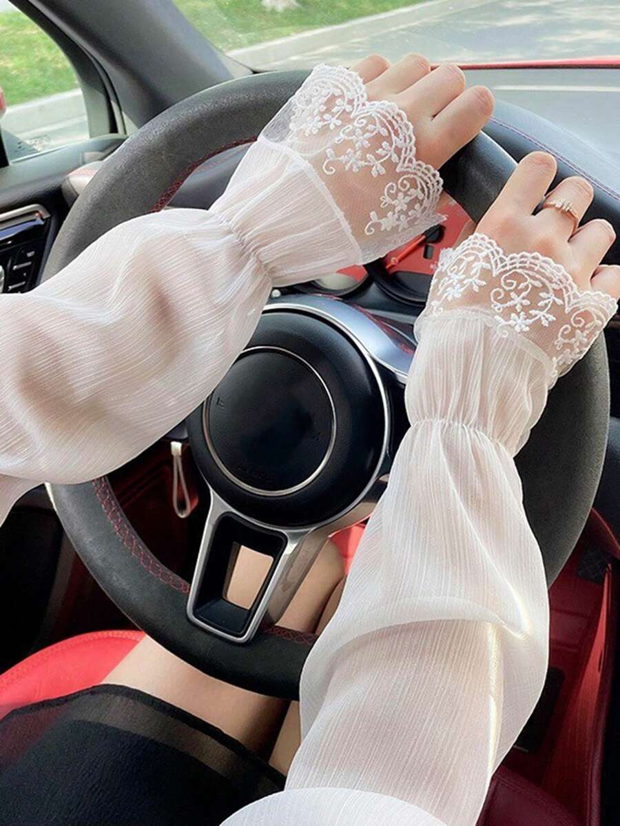 1雙女士花卉刺繡荷葉邊袖口防曬時尚袖套適用於日常生活 - 白色 - 查看 1