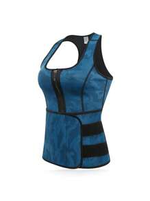 迷彩印花聚酯纖維上衣塑身腰部訓練馬甲 - 藍色 - 查看 1