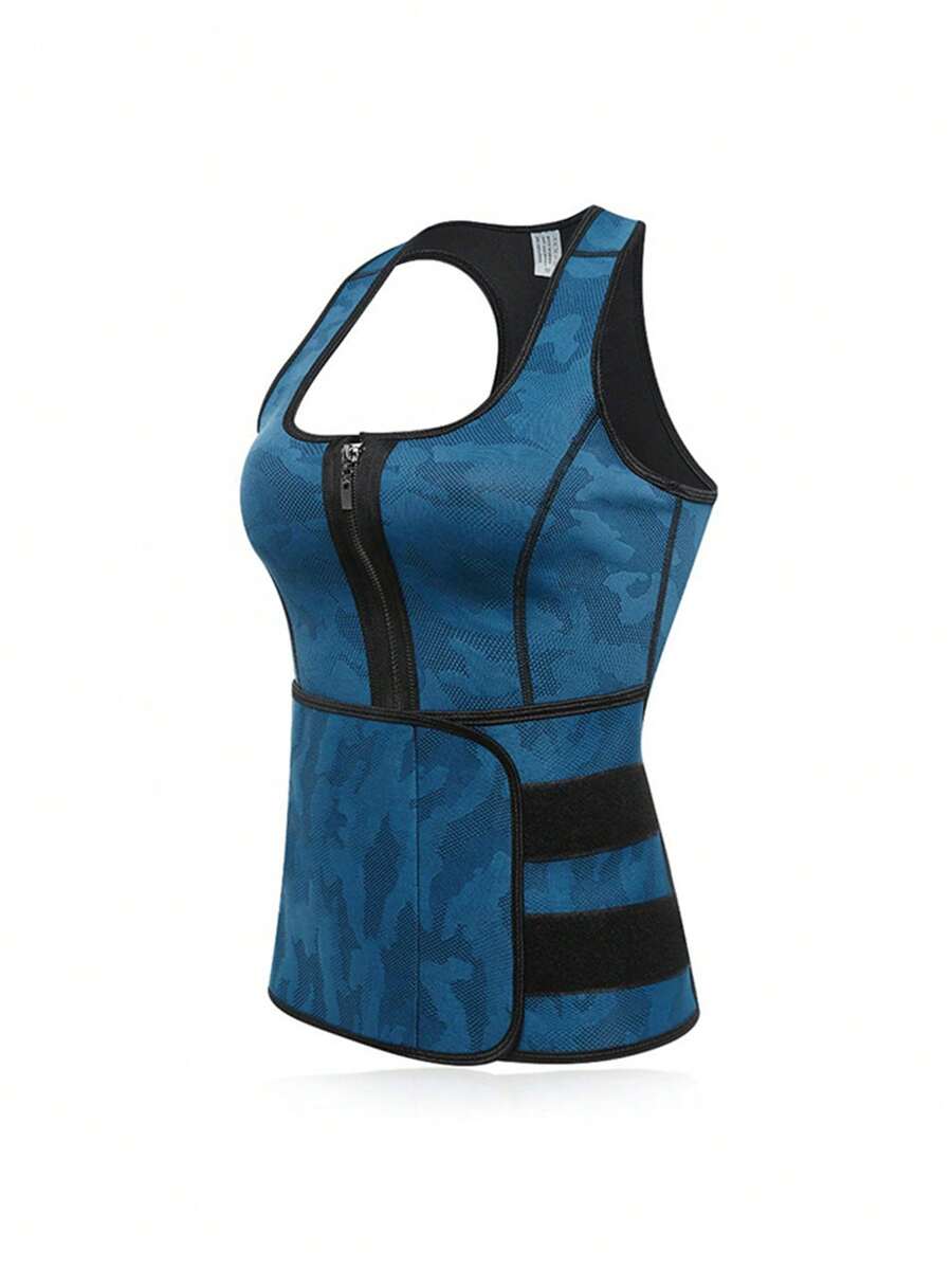 迷彩印花聚酯纖維上衣塑身腰部訓練馬甲 - 藍色 - 查看 1