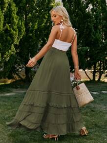 Simplee Falda suelta con volantes en el bajo, estilo occidental casual de vacaciones, falda verde - Verde Oliva - Ver 2