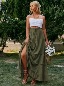 Simplee Falda suelta con volantes en el bajo, estilo occidental casual de vacaciones, falda verde - Verde Oliva - Ver 3