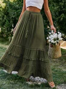 Simplee Falda suelta con volantes en el bajo, estilo occidental casual de vacaciones, falda verde - Verde Oliva - Ver 4