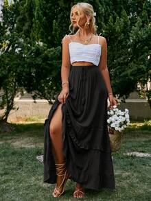 Simplee 休闲度假西式女式流苏荷叶边 A 字裙，夏季 - 黑色 - 查看 4