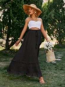 Simplee 休闲度假西式女式流苏荷叶边 A 字裙，夏季 - 黑色 - 查看 5