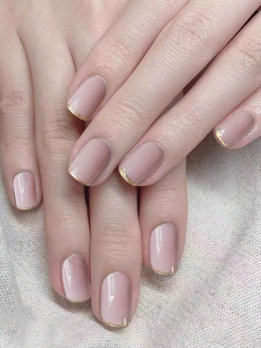 Upgrade Your Look With 24pcs Short Square Pink Ombre Golden Edge Glitter Fake Nail & 1sheet Tape & 1pc Nail File Nails - Multicolor - View 1