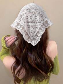 Mujer 1 pieza Pañuelo con patrón floral con encaje elegante - Blanco - Ver 1