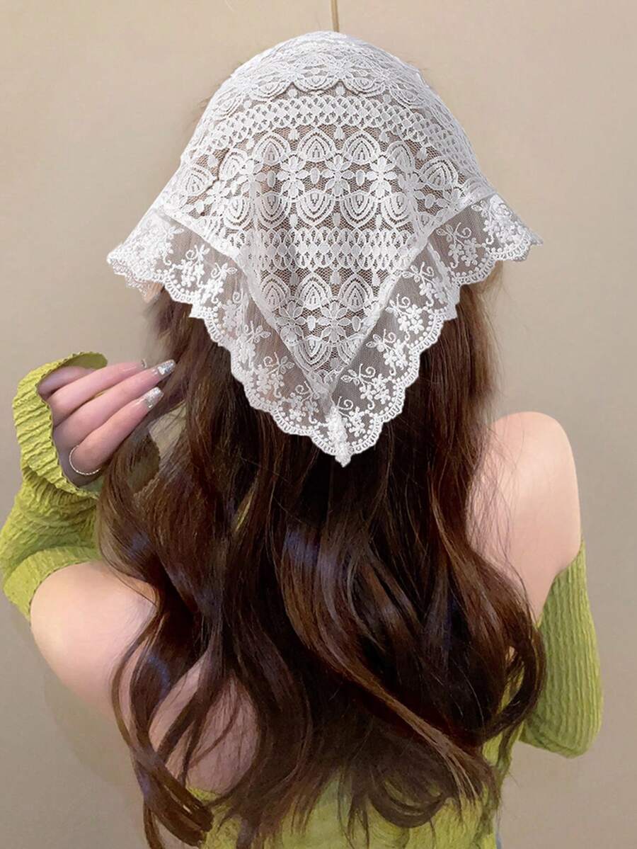 Mujer 1 pieza Pañuelo con patrón floral con encaje elegante - Blanco - Ver 1