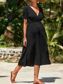 SHEIN 孕婦交疊領繫腰帶連衣裙 - 黑色 - 查看 4