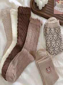 8雙女士熊和花朵圖案休閒中筒襪適用於日常