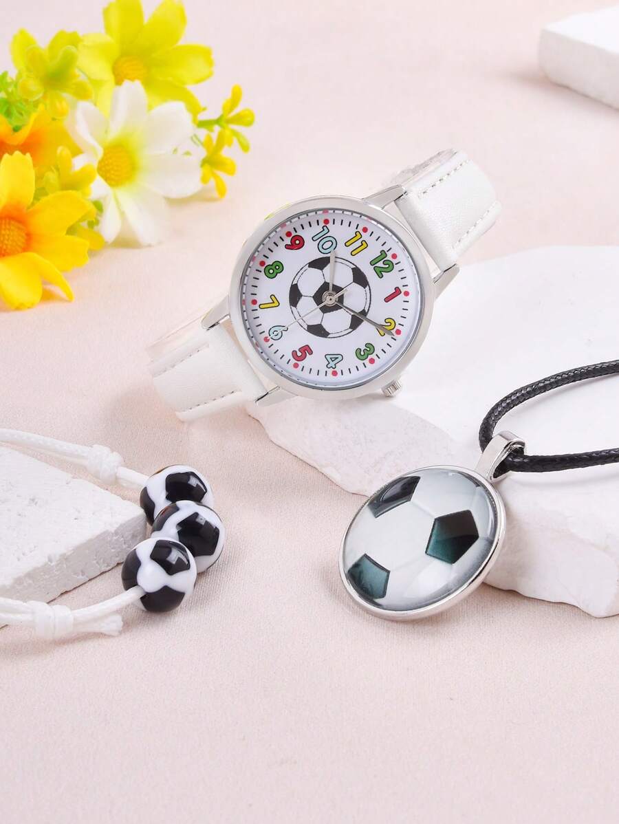 1入組男孩PU錶帶可愛圓形錶盤石英手錶和1入組足球裝飾鏈手鍊和1入組項鍊用於日常裝飾 - 白色 - 查看 1