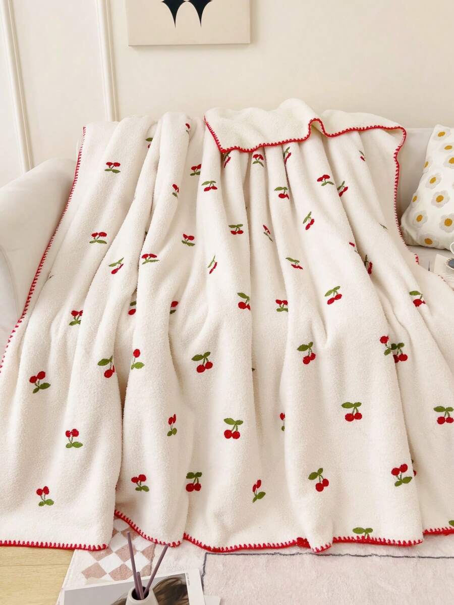 1入組櫻桃刺繡毛毯絨布柔軟保暖毛毯適用於客廳和臥室家居裝飾 - 彩色 - 查看 1