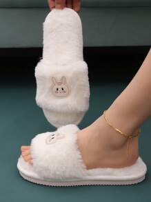 Fall/Winter Women Cartoon Rabbit Decor Fuzzy Home Slippers, Preppy White Novelty Slippers - White - View 1