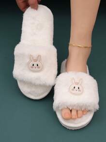 Fall/Winter Women Cartoon Rabbit Decor Fuzzy Home Slippers, Preppy White Novelty Slippers - White - View 2