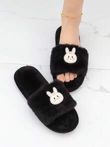 女性兔子裝飾毛茸茸家庭學院黑色臥室拖鞋 - 黑色 - 查看 2