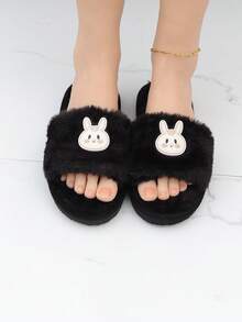 女性兔子裝飾毛茸茸家庭學院黑色臥室拖鞋 - 黑色 - 查看 3