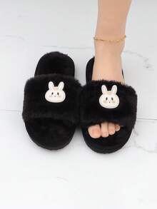 女性兔子裝飾毛茸茸家庭學院黑色臥室拖鞋 - 黑色 - 查看 4
