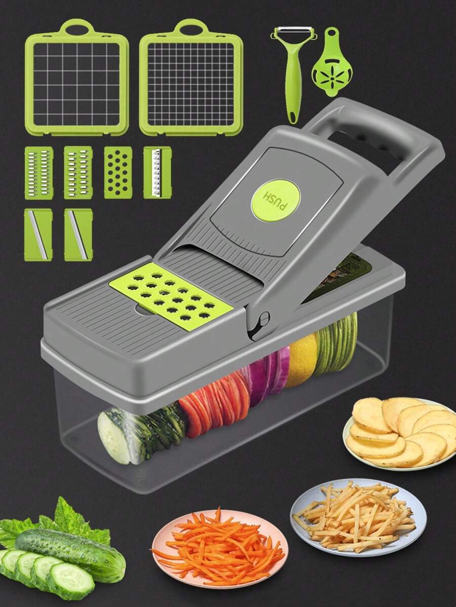 Máy thái thực phẩm nhà bếp 15 trong 1 Máy cắt 8 lưỡi có hộp đựng có giỏ thoát nước 1 bộ dụng cụ thái rau củ hành, trái cây - Màu Xám nhạt - Xem 1
