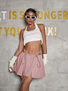 Solid Zip Up Split Hem Knot Side Pleated Skirt - Dusty Pink - View 5