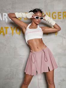 Solid Zip Up Split Hem Knot Side Pleated Skirt - Dusty Pink - View 6