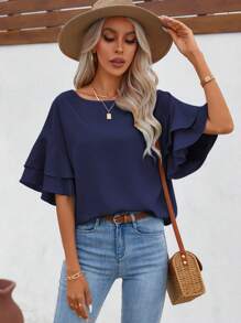 SHEIN LUNE Solid Flounce Sleeve Blouse - Navy Blue - View 1