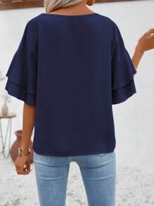 SHEIN LUNE Solid Flounce Sleeve Blouse - Navy Blue - View 2