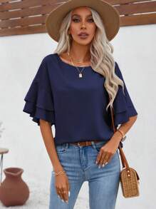 SHEIN LUNE Solid Flounce Sleeve Blouse - Navy Blue - View 4