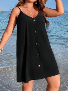 SHEIN LUNE 大碼前紐扣吊帶連衣裙 - 黑色 - 查看 3