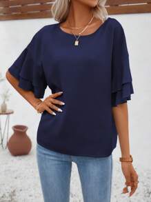 SHEIN LUNE Solid Flounce Sleeve Blouse - Navy Blue - View 5