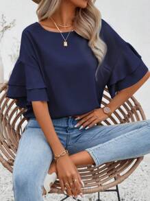 SHEIN LUNE Solid Flounce Sleeve Blouse - Navy Blue - View 6